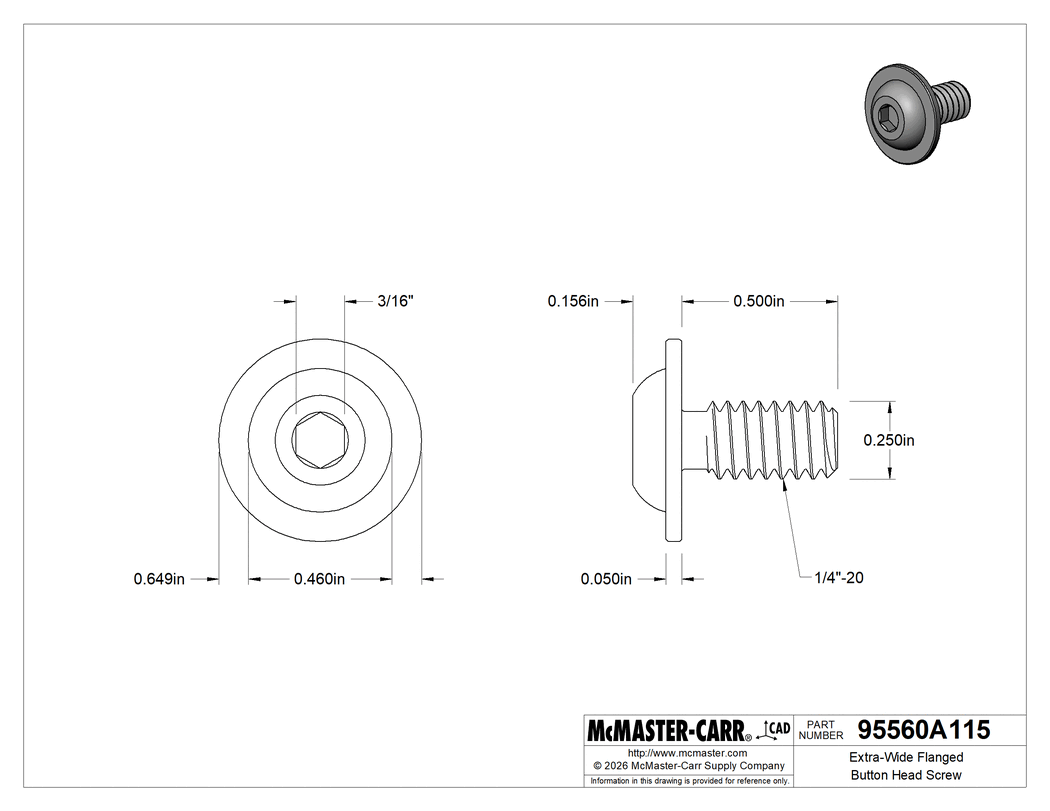Technical Drawing of Extra-Wide Flanged Button Head Screw, 1/4"-20 Thread, 1/2" Long.